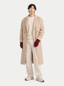 Person wearing a beige coat, white shirt, and pants on a white background. #color_bordeaux #ai-image