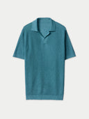 Open Collar Cashmere Silk Polo Shirt Mineral Green detail view on white background #color_tile-blue