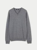 Men's Gray Cashmere V-Neck Sweater detail view on white background #color_gray