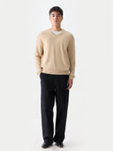 front view of a man wearing a beige v-neck sweater and black pants on a white background #color_beige