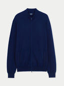 Men's Navy Full-Zip Cashmere Cardigan detail view on white background #color_navy-blue