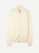 Cream-colored zip-up cashmere sweater on a light gray background #color_off-white