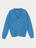 Blue V-Neck cardigan with pockets on a light gray background. #color_blue