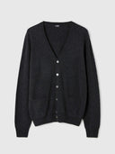 Dark gray cardigan with buttons on a light gray background. #color_charcoal