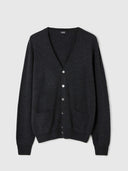 A black V-neck cashmere cardigan with button closures and long sleeves, displayed on a mannequin. #color_charcoal