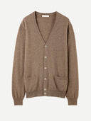 Men's Taupe Cashmere V-neck Cardigan detail view on white background #color_taupe