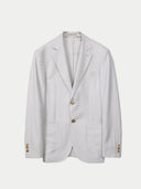 Light gray blazer with gold buttons on a white background #color_light-taupe