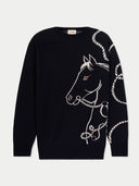 Men's Black Cashmere Horse Jacquard Sweater detail view on white background #color_black