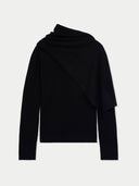 Women's Black Cashmere Sweater with Draped Scarf , detail view on white background #color_black