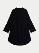 Women's Black Cashmere Button-Front Poncho detail view on white background #color_black