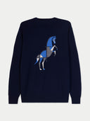Men's Navy Cashmere Horse Intarsia Sweater detail view on white background #color_navy-blue