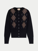 Women's Black Cashmere Argyle Cardigan detail view on white background #color_black