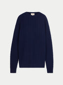 Men's Navy Cashmere Cable-Knit Sweater detail view on white background #color_navy-blue