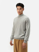 A light gray heather knit crewneck cashmere sweater with long sleeves and ribbed cuffs, displayed against a light gray background. #color_steel-silver