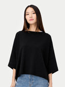 Women's Black Cashmere Knitted Poncho worn by model, detail view, on white background #color_black #ai-image
