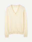Women's White Cashmere Essential V-Neck Sweater detail view on white background #color_off-white