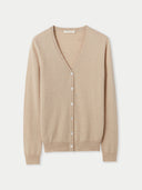 A beige v-neck cashmere cardigan with front button closure. #color_beige