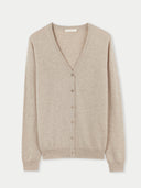 Women's Warm Grey Cashmere V-neck Button Cardigan detail view on white background #color_soft-beige