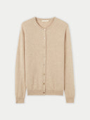 Women's Warm Grey Cashmere Crew Neck Cardigan detail view on white background #color_soft-beige
