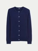 Women's Navy Cashmere Crewneck Cardigan detail view on white background #color_navy-blue