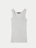 A light gray ribbed knit cashmere  tank top with a wide scoop neckline, displayed flat against a light gray background. #color_pure-white