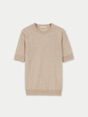 Women's Organic C-Neck Cashmere Top Beige worn by model, detail view on white backround #color_beige