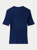 Women's Lace-Knit Cashmere Silk Top Mood Indigo detail view on white backround #color_dark-indigo