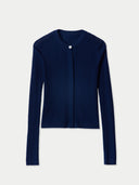 Women's Hidden Button-Front Cashmere Silk Cardigan Navy detail view on white background #color_dark-indigo