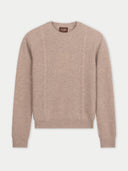 Women's Cropped Crewneck Cashmere Sweater Warm Grey detail view on white background #color_dusty-beige