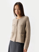 Women's Textured Knit Cashmere Jacket-Style Cardigan Warm Grey worn by model detail view on white background #color_dusty-beige