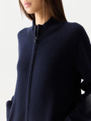 Timeless Cashmere Full-Zip Cardigan Navy Blazer worn by model, detail view, on white background #color_navy