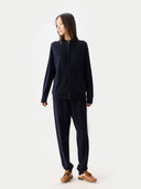 Timeless Cashmere Full-Zip Cardigan Navy Blazer worn by model, front view, on white background #color_navy