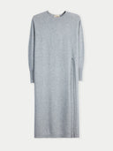 Women‚Äôs Cashmere Side-Slit Maxi Dress High Rise worn by model detail view on white background #color_light-gray
