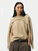 Women‚Äôs Warm Grey Cashmere Crewneck Twin Set worn by model, detail view on white background #color_dusty-beige