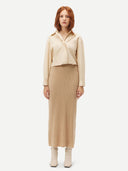 Women's Beige Cashmere Midi Skirt worn by model, front view on white background #color_beige