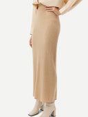 Women's Beige Cashmere Midi Skirt worn by model, detail view on white background #color_beige