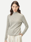 Women's Grey Cashmere Stand-Up Collar Sweater worn by model, detail view on white background #color_steel-silver