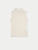 A sleeveless ribbed knit mock neck top in cream, shown flat against a light gray background. #color_cream-white
