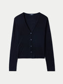Women's Lightweight Cashmere Silk Cardigan Black detail view on white background #color_graphite-black