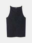 A black ribbed knit tank cashmere top with a scoop neck, displayed flat against a light gray background. #color_graphite_black