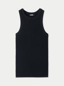 A black ribbed knit sleeveless tank top with a crew neck, displayed flat against a light gray background. #color_black