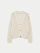 A cream-colored open-front cardigan sweater with a textured knit pattern and three wooden buttons, displayed against a light gray background. #color_pure-white