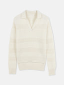 An off-white knit polo sweater with horizontal openwork knit stripes, displayed on a clean, light gray background. #color_off-white