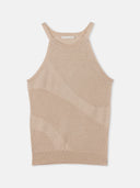 A sleeveless ribbed knit tank top in a light beige color, featuring a subtle wavy geometric pattern in slightly lighter beige tones, displayed on a clean white background. #color_beige