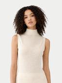 A sleeveless ribbed knit mock neck top in cream, shown flat against a light gray background. #color_cream-white #ai-image