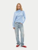Women's Light Blue Cashmere Sweater with Draped Scarf worn by model, front view on white background #color_muted-blue