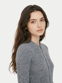 Women's Grey Cashmere Two-Way Zip Cardigan worn by model, detail view on white background #color_steel-gray #ai-image