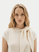 Women's White Cashmere Tie-Neck Dress worn by model, detail view on white background #color_soft-white