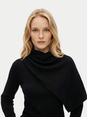 Women's Black Cashmere Sweater with Draped Scarf worn by model, detail view on white background #color_black