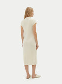 Women's White Cashmere Tie-Neck Dress worn by model, back view on white background #color_soft-white
